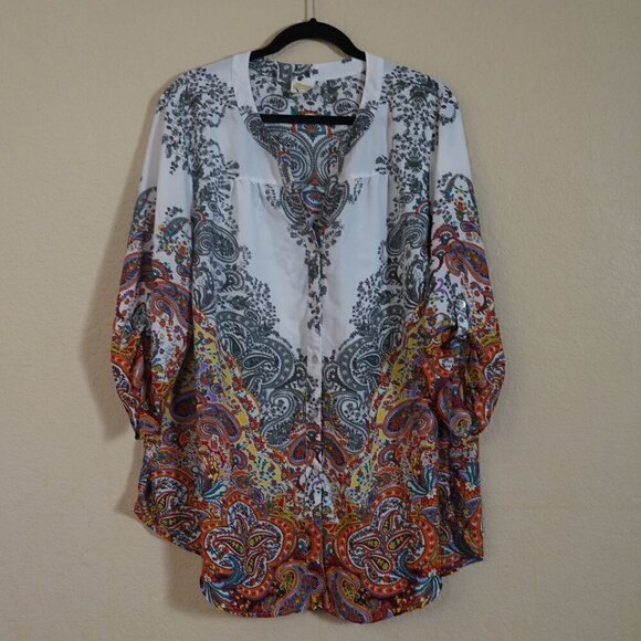 Fig and Flowers Anthropologie Womens White Rainbow Paisley Peasant Tunic Top 2X - Picture 1 of 11